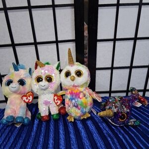 Ty Plush Collection - Pastel Unicorns, Rainbow Owl, and Sparkly Narwhal